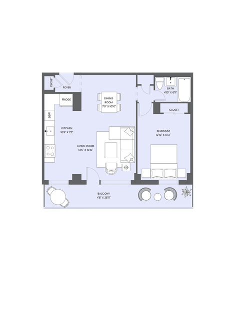 Floor plan for 1 bed, 1 bath, 626 sqft